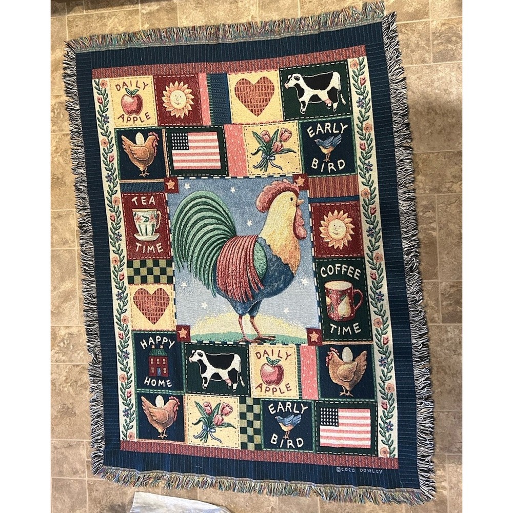 Coco Dowley Rise & Shine Americana Rooster Tapestry Blanket Farmhouse